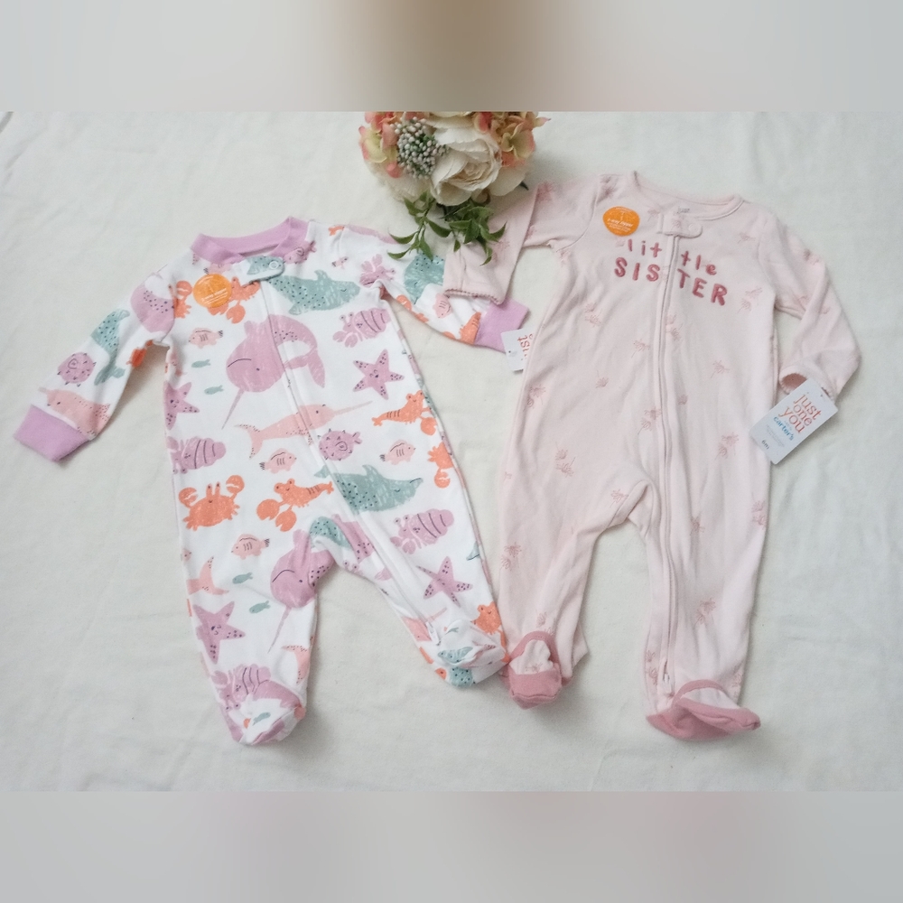 2 Carter's Baby 2-Way Zip Cotton NB Pajamas. Baby footed Sleepwear Little sister